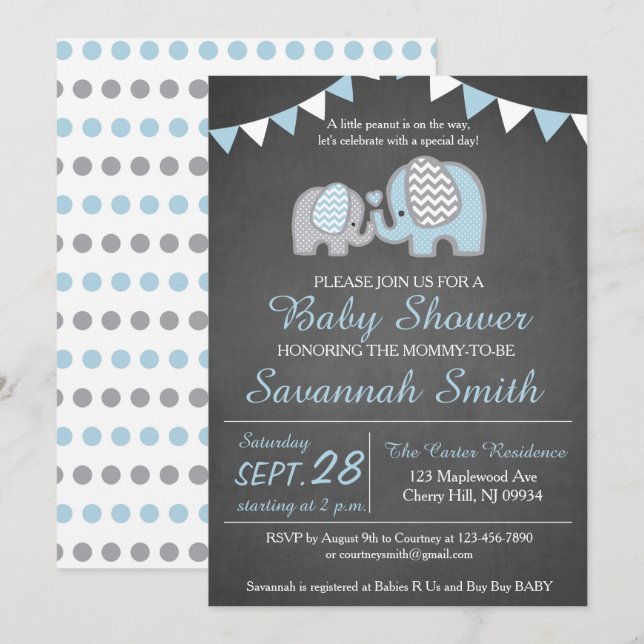 Elephant Baby Shower Invitation Boy - Chalkboard (Front/Back)