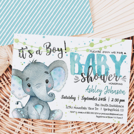 Elephant Baby Shower Invitation, Boy Invitation