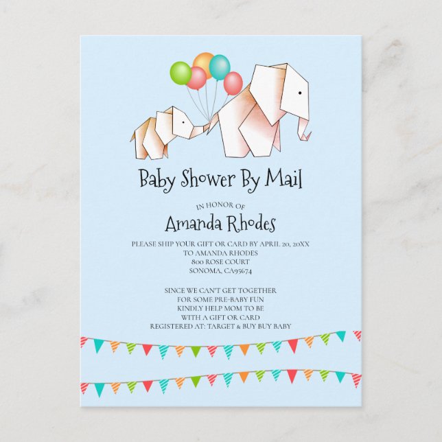 Elephant Baby Shower Invitation By Mail Blue Postcard (Front)