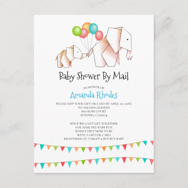 Elephant Baby Shower Invitation By Mail White (Front)