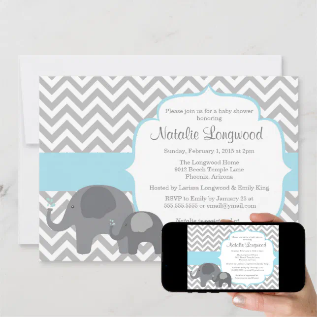 Elephant Baby Shower Invitation, Chevron Blue Boy Invitation | Zazzle