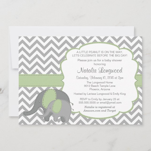 Elephant Baby Shower Invitation Chevron mint green (Front)