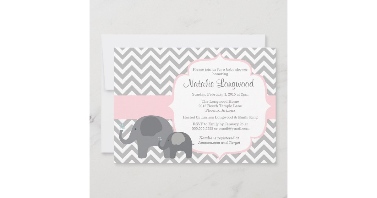 Elephant Baby Shower Invitation, chevron with pink Invitation | Zazzle