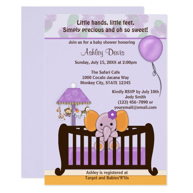 ELEPHANT Baby Shower Invitation Crib PURPLE CJ-E