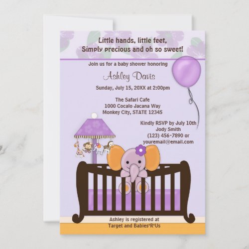 ELEPHANT Baby Shower Invitation Crib PURPLE CJ-E