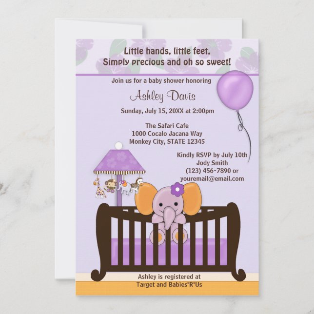 ELEPHANT Baby Shower Invitation Crib PURPLE CJ-E (Front)