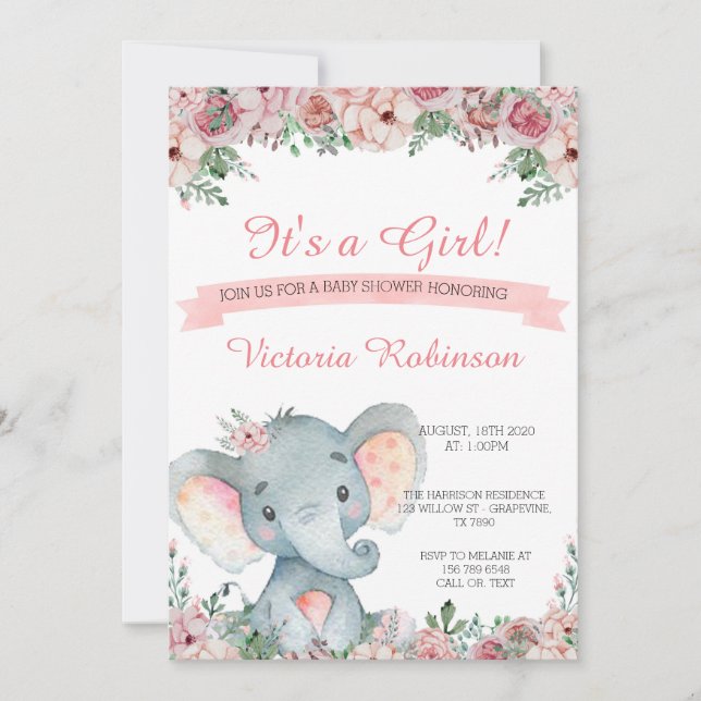 Elephant baby shower invitation floral (Front)