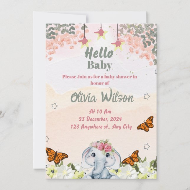 Elephant Baby Shower Invitation for Baby Girl (Front)