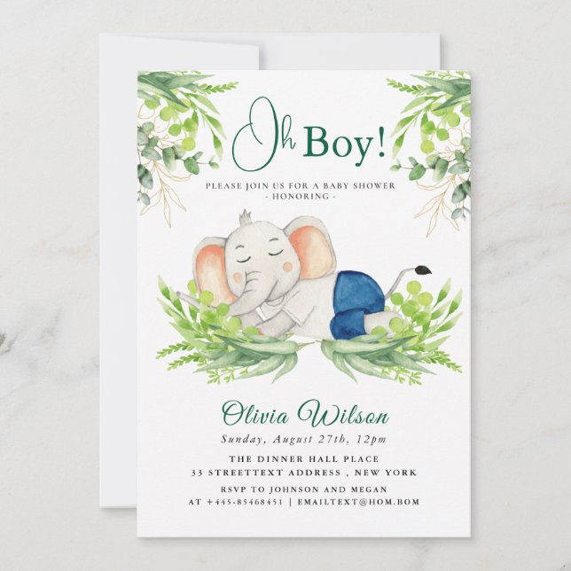 Elephant Baby Shower Invitation for Boy – “Oh Boy! (Front)