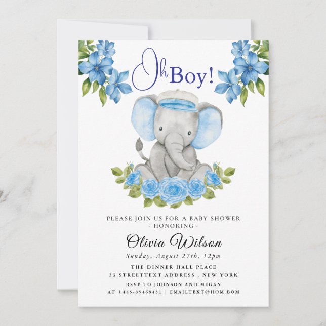Elephant Baby Shower Invitation for Boy – “Oh Boy! (Front)