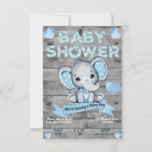 Elephant Baby Shower Invitation for boys Editable