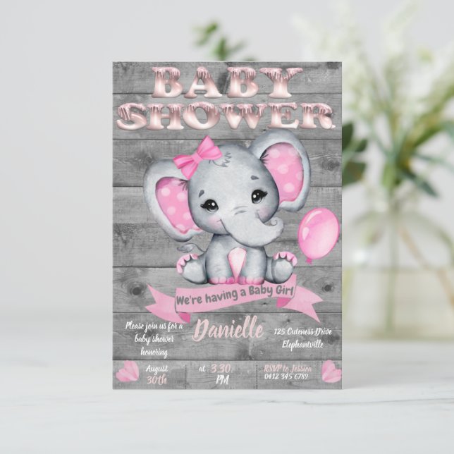 Elephant Baby Shower Invitation for Girls Editable (Standing Front)