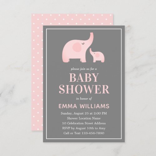 Elephant Baby Shower Invitation Girl _ Gray Pink