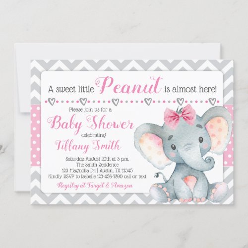Elephant Baby Shower Invitation Girl Pink Chevron