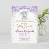 Elephant baby shower invitation girl purple gold (Standing Front)