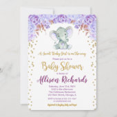 Elephant baby shower invitation girl purple gold (Front)