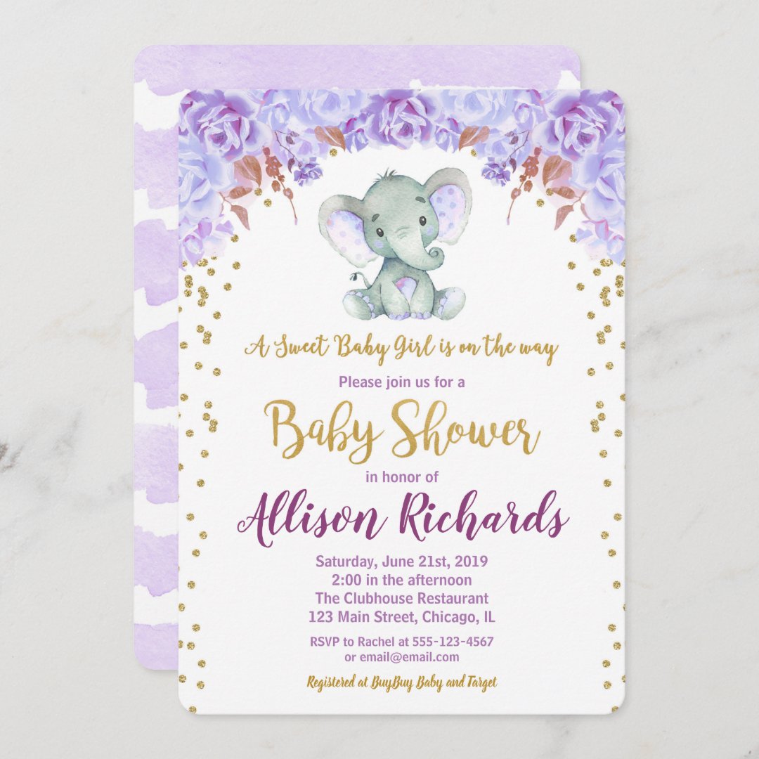 Elephant baby shower invitation girl purple gold | Zazzle