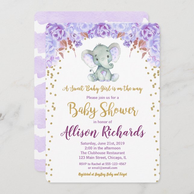 Elephant baby shower invitation girl purple gold (Front/Back)