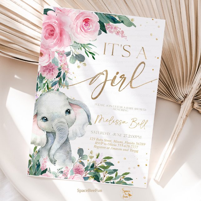 Elephant Baby Shower Invitation Girl, Safari  (Elephant invites,Baby Shower,Invitation Girl,Safari Pink,Blush Elephant,safari Invite,EDITABLE Safar)