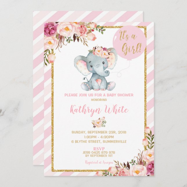 Elephant Baby Shower Invitation Girl Stripes (Front/Back)