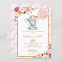 Elephant Baby Shower Invitation Girl Stripes