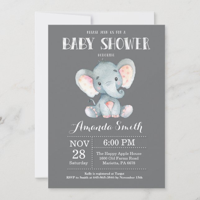 Elephant Baby Shower Invitation Gray (Front)