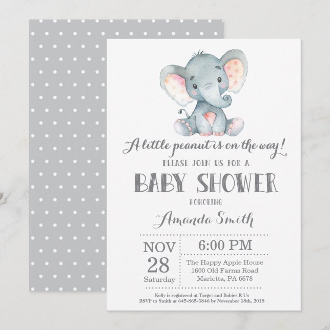 Elephant Baby Shower Invitation Gray (Front/Back)