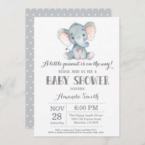 Elephant Baby Shower Invitation Gray