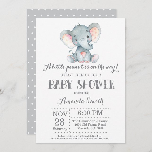 Elephant Baby Shower Invitation Gray (Front/Back)