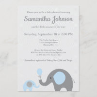 Elephant Baby Shower Invitation in Blue and Gray