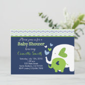Elephant Baby Shower Invitation in Navy and Green (Standing Front)
