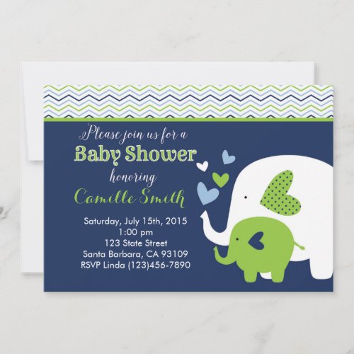 Elephant Baby Shower Invitation in Navy and Green