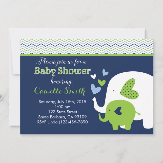 Elephant Baby Shower Invitation in Navy and Green (Front)