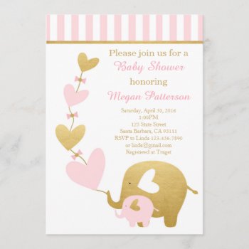 Elephant Baby Shower Invitation In Pink And Gold by Pixabelle at Zazzle