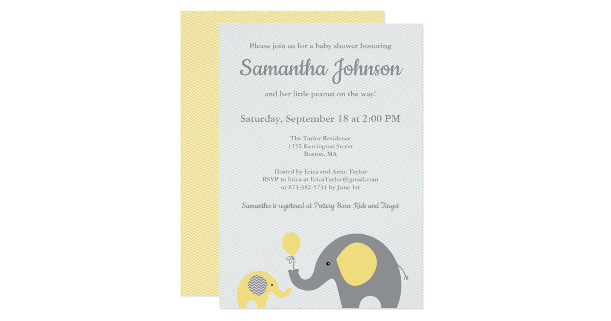 Elephant Baby Shower Invitation In Yellow And Gray Zazzle Com