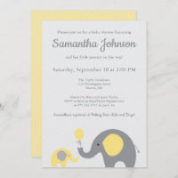 Elephant Baby Shower Invitation in Yellow and Gray