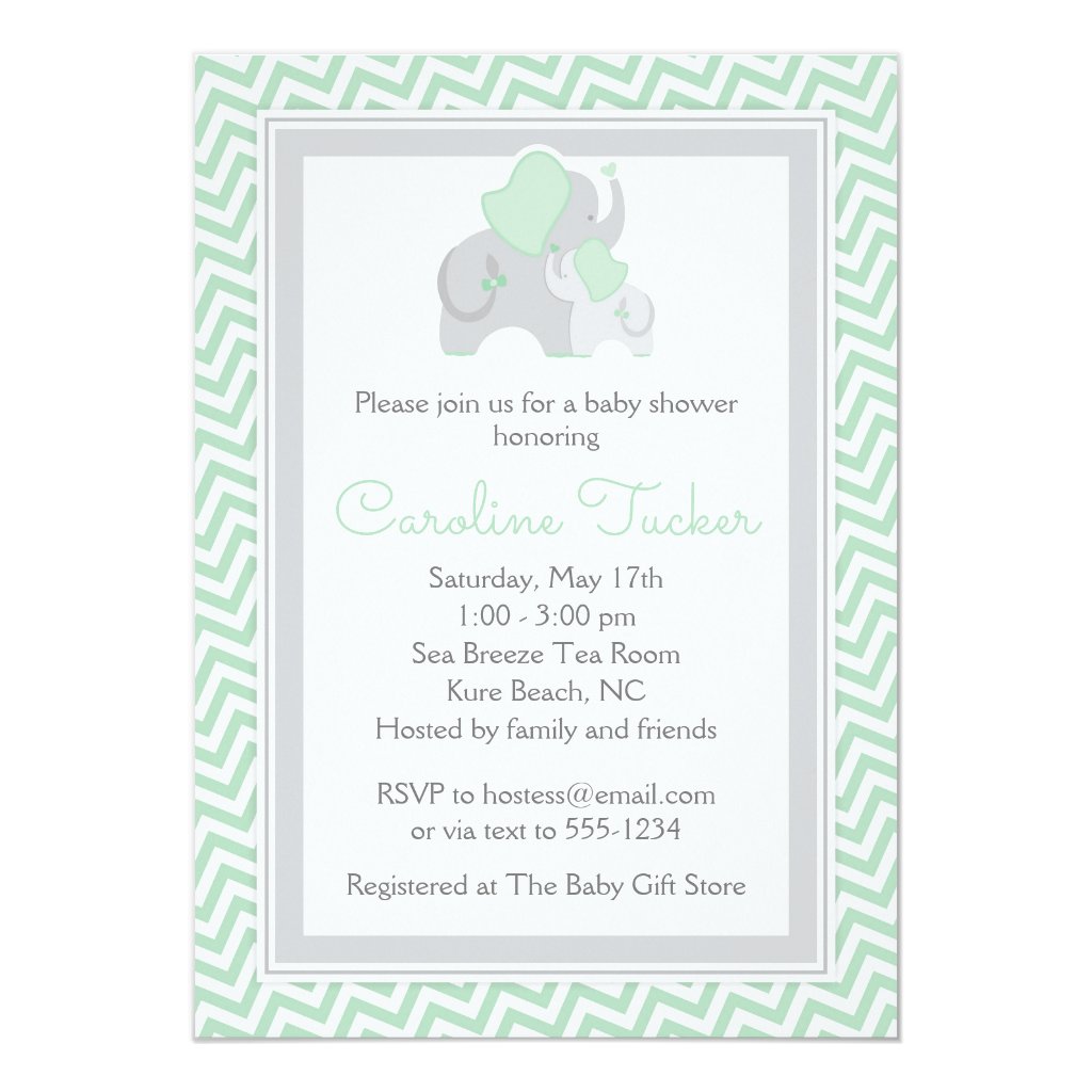 Elephant Baby Shower Invitation Mint Green Chevron