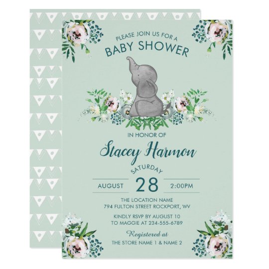 Elephant Baby Shower Invitation Mint Green Floral Zazzle Com Elephant Baby Shower Invitation Mint Green Floral Zazzle Com
