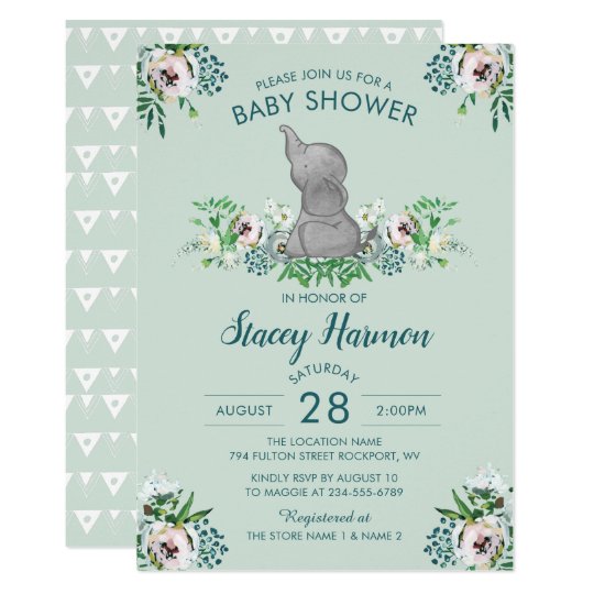 Elephant Baby Shower Invitation Mint Green Floral Zazzle Com