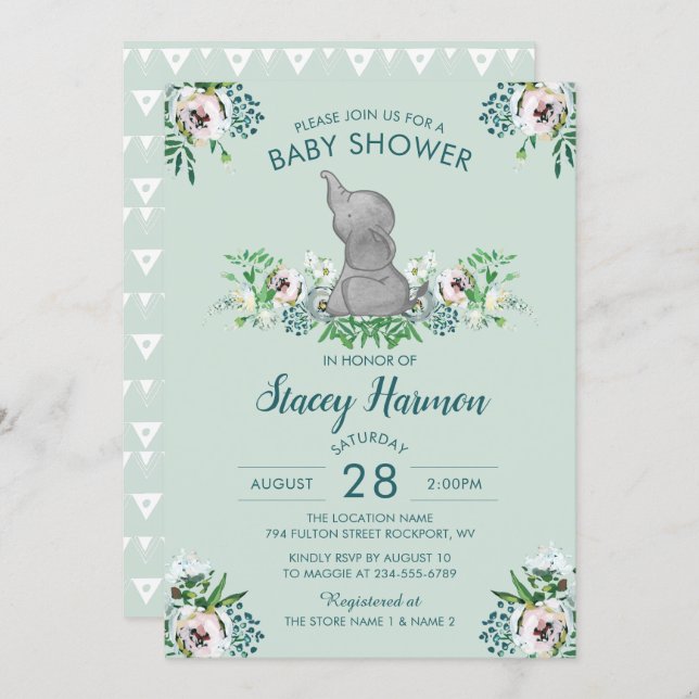 Elephant Baby Shower Invitation Mint Green Floral (Front/Back)