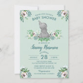Elephant Baby Shower Invitation Mint Green Floral (Front)