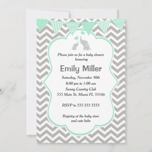 Elephant Baby Shower Invitation Mint Green Silver