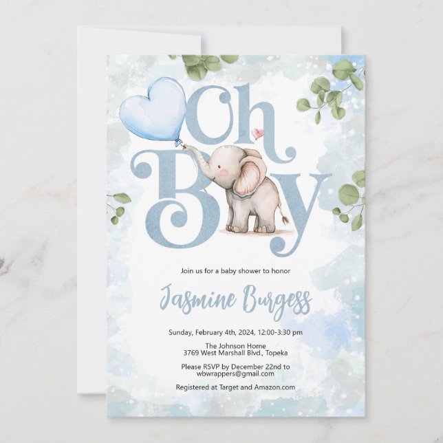 Elephant Baby Shower Invitation - Oh Boy (Front)