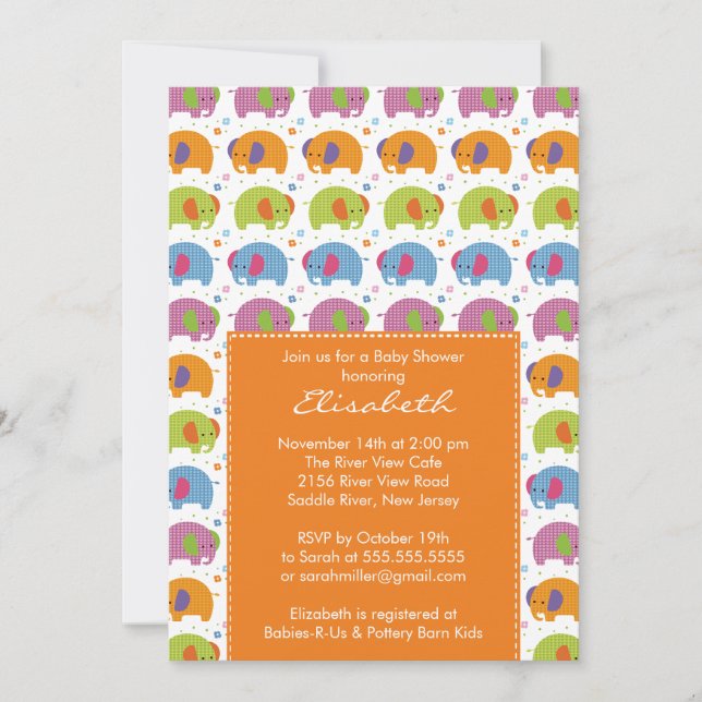 Elephant Baby Shower Invitation Orange (Front)