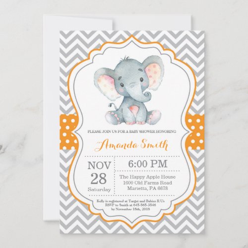 Elephant Baby Shower Invitation Orange and Gray