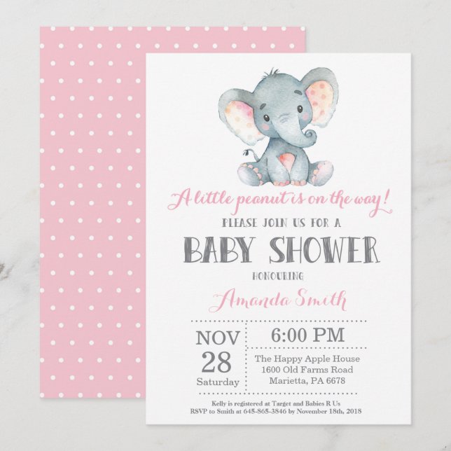 Elephant Baby Shower Invitation Pink and Gray (Front/Back)