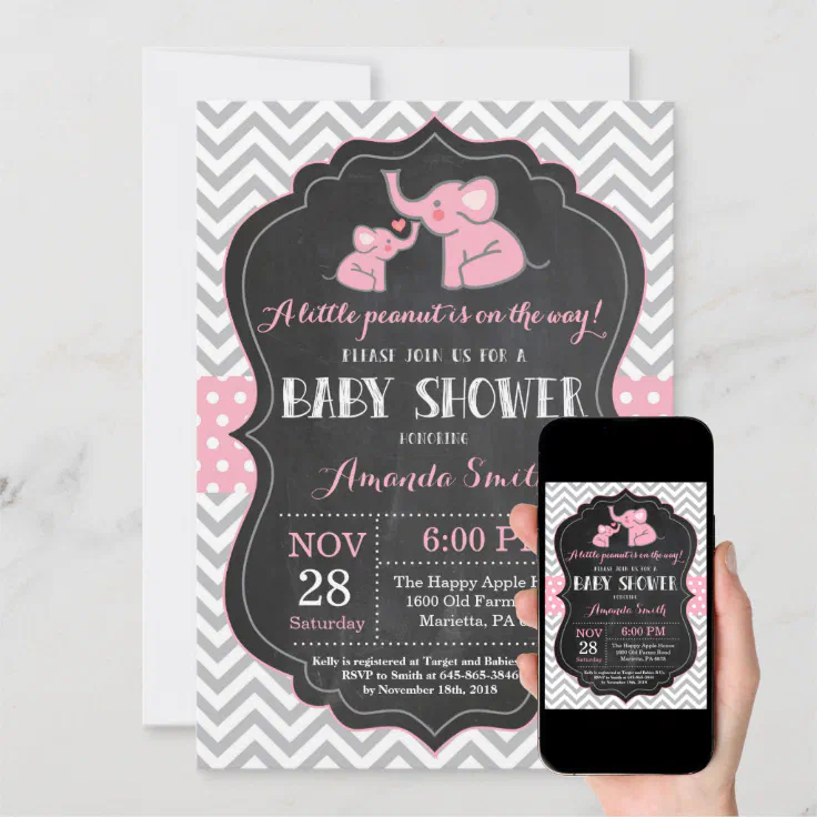 Elephant Baby Shower Invitation Pink and Gray Zazzle