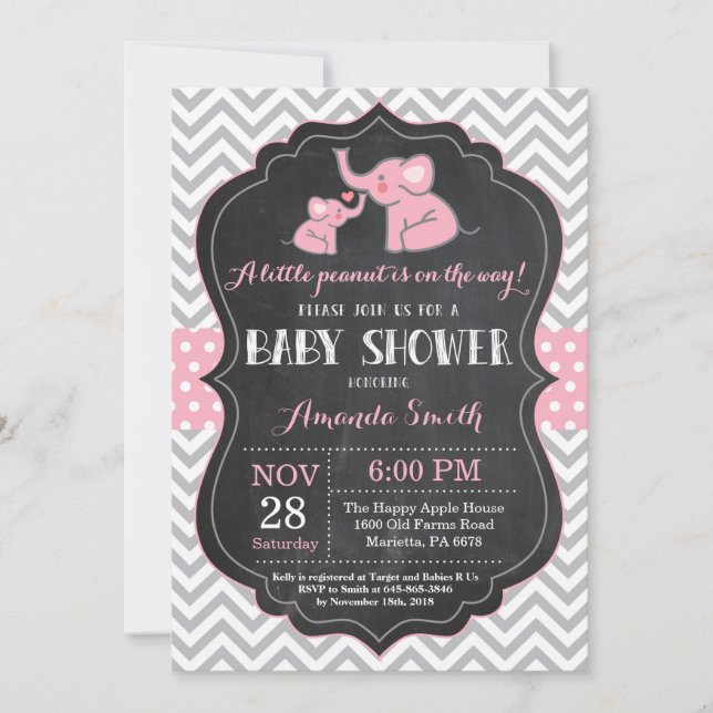 Elephant Baby Shower Invitation Pink and Gray (Front)