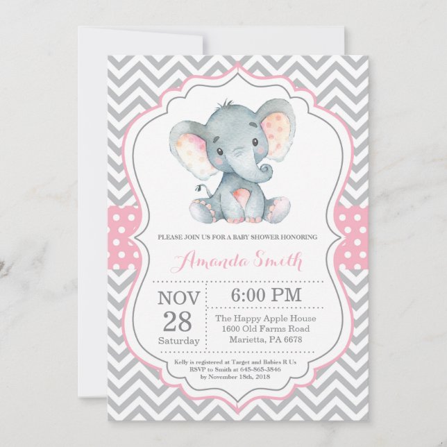 Elephant Baby Shower Invitation Pink and Gray (Front)