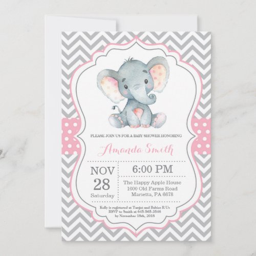 Elephant Baby Shower Invitation Pink and Gray